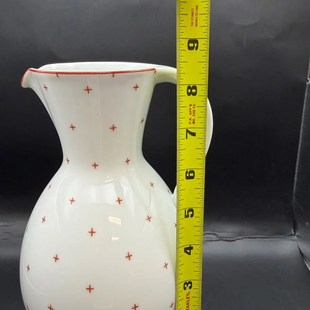 Vtg Kaestner Saxonia Porcelain Pitcher White Red Cross Handgemalt Germany 8.5 In